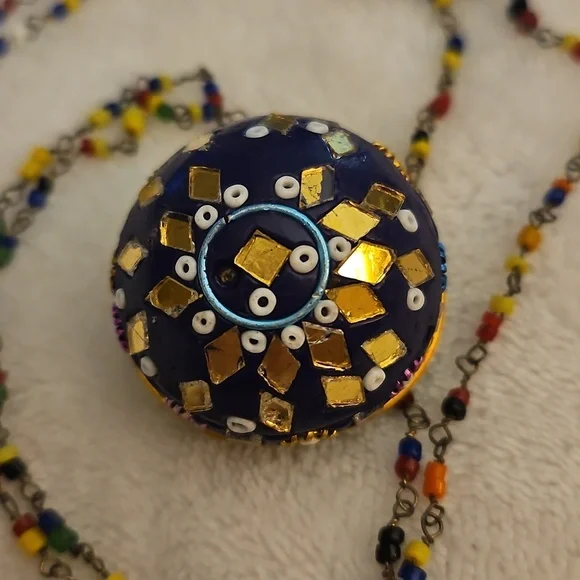 Vintage Indian Micro Mosaic Ball Pendant Multicolor Beaded Festival Necklace - Picture 6 of 11